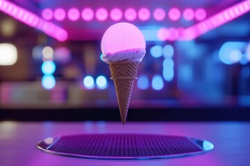 A glowing ice cream scoop levitating above a metallic cone, with a sci-fi dessert station softly blurred in the background for a whimsical effect. Futuristic treat 