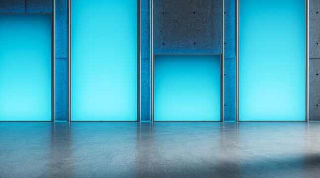 Modern interior with backlit blue panels on concrete walls and polished floor in futuristic showroom, contemporary display concept. 3D Rendering