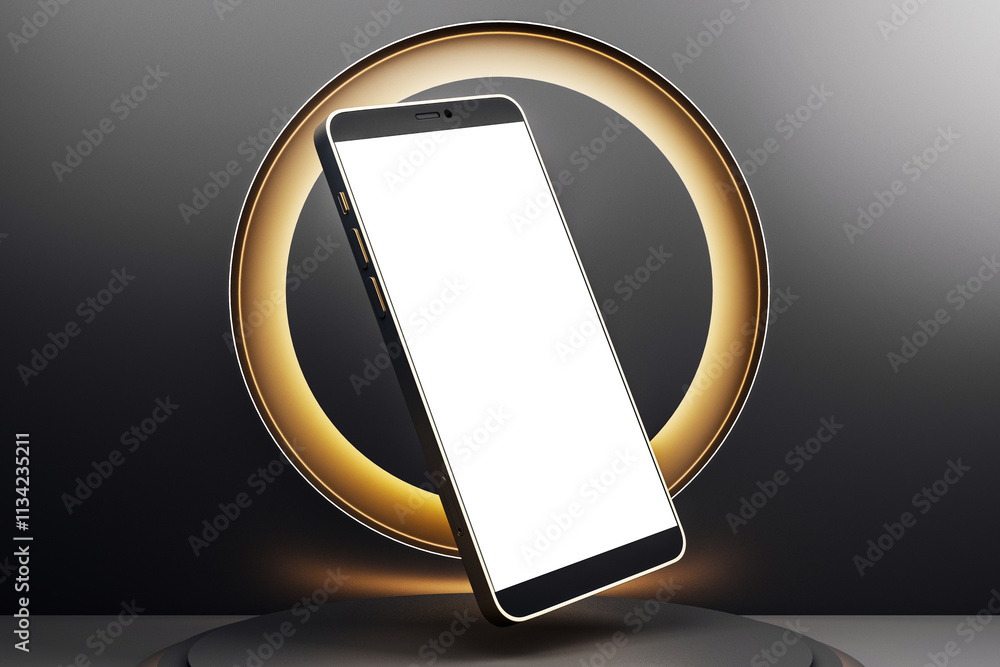 Aufkleber smartphone with blank screen on podium with circular light on dark background, modern and elegant pr