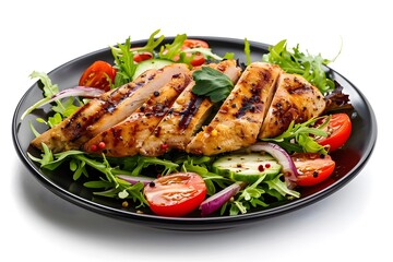 Grilled chicken breast served with fresh salad and tomatoes on a black plate, isolated on white background, ideal for food photography, healthy eating, or culinary advertisements