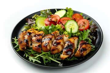  Grilled chicken breast with fresh greens and tomato slices served on a black plate, isolated on white background, ideal for menus, food styling, or healthy eating campaigns