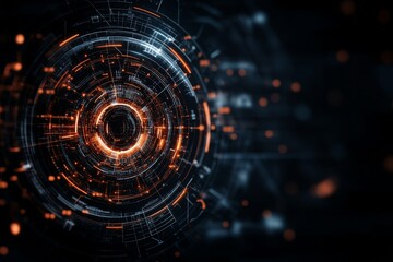 Obraz premium Abstract digital design featuring glowing orange and blue circles on a dark background representing technology