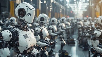 Fototapeta premium A bustling factory floor where autonomous robots collaborate to assemble products with speed and precision. The scene highlights the efficiency and transformative impact of automation in modern 