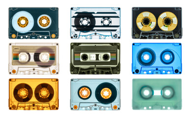a collection of used transparent vintage audio tape cassette isolated, with the back light, a...