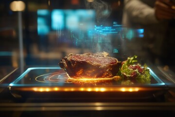 A glowing steak served on a hot metallic slab, with holographic sides projected beside it, the bustling sci-fi restaurant blurred in the background. 