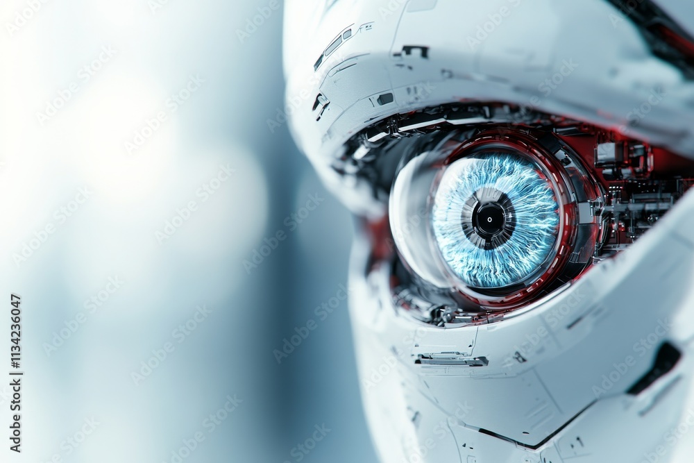 Poster close-up view of a futuristic robotic eye showcasing intricate design and technology
