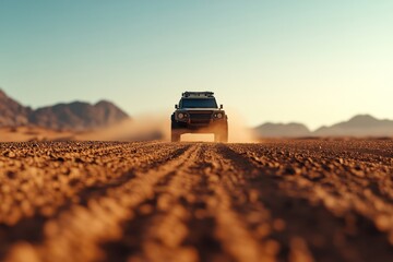 Off-road vehicle traverses sandy desert landscape under clear blue sky during sunset