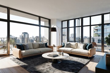 Fototapeta premium Bright Modern 3D Apartment Model with Expansive Windows and Sleek Furniture