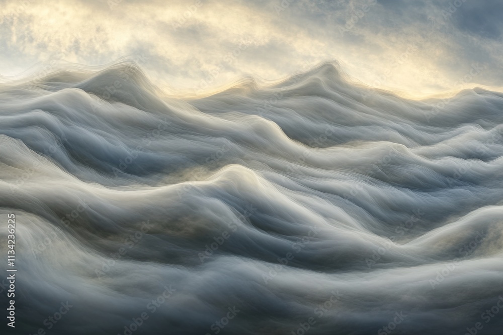 Poster serene ocean waves at dusk with soft cloudy skies and gentle light reflection in a dreamy atmosphere