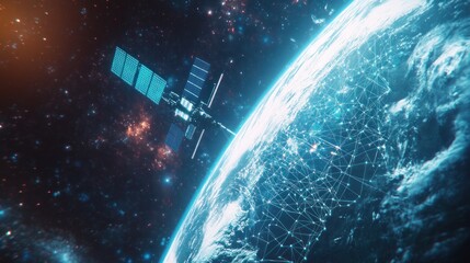 Satellite orbiting Earth with network connections.