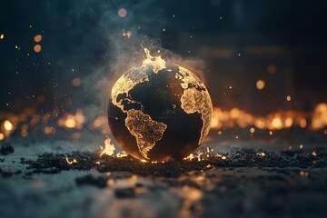 Global warming illustrated through a burning globe surrounded by flames and smoke in a dark...