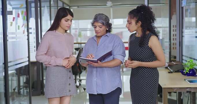 Indian Asian old senior leader active women lady hold file book make new project indoor office young adult teen age expert girl female staff team do work read day task talk share ideas plan job place