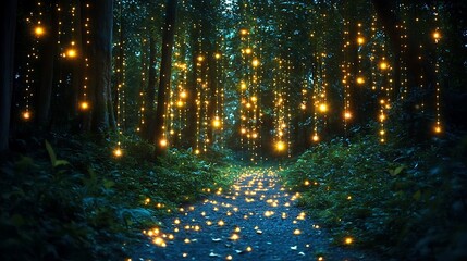Naklejka premium Enchanting Forest Path Lit By Sparkling Lights
