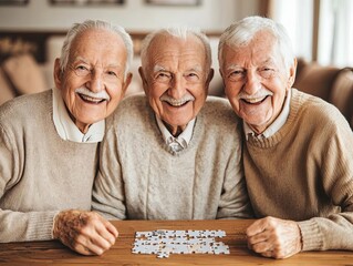 Three elderly men enjoying time together while solving a puzzle at home.