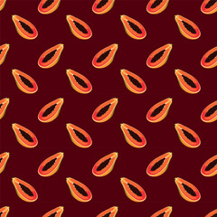 Papaya flat seamless pattern on red background. Wrapping paper, gift card, poster, banner design. Home decor, modern textile print. Summer bright geometric fruits patterned.