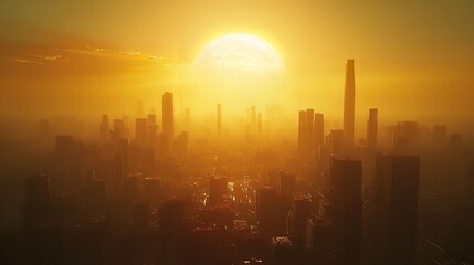 Fototapeta premium Retro-Futuristic Cityscape with a Large Sun in 16K Resolution