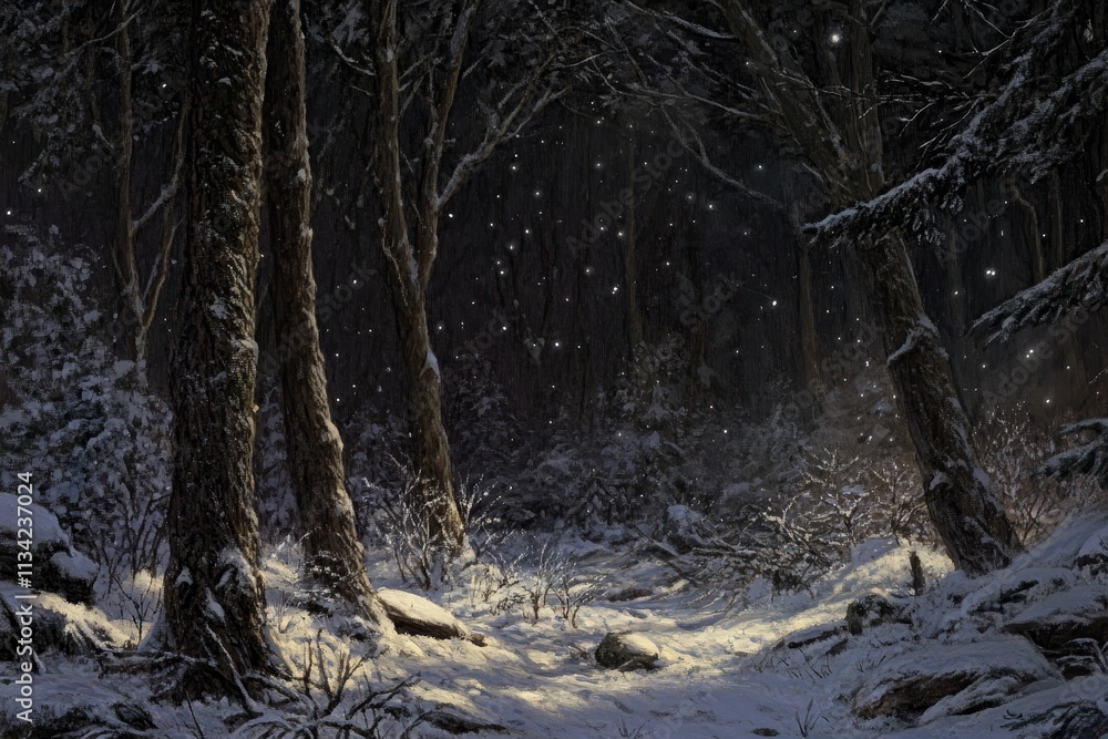 Poster serene winter landscape with soft snowfall illuminating a dark forest pathway, creating a magical an