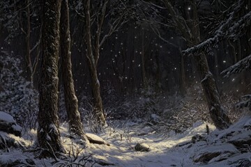 Serene Winter Landscape with Soft Snowfall Illuminating a Dark Forest Pathway, Creating a Magical and Tranquil Atmosphere Under the Night Sky