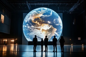 People admire a large globe projection in an exhibition space showcasing Earth from space