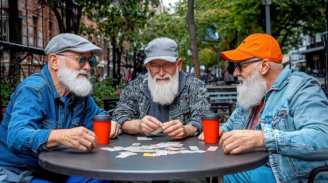 Three elderly men enjoying a card game with coffee in a vibrant outdoor setting.