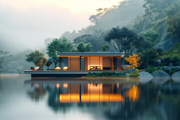 Naklejka premium A serene modern house reflecting on a calm lake surrounded by lush greenery.