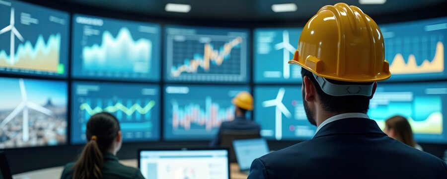 Business people focus on wind turbine tech. Meeting room displays eco energy graphs. Tech team reviews wind turbine planning. People discuss eco-friendly future energy. Modern room with screens