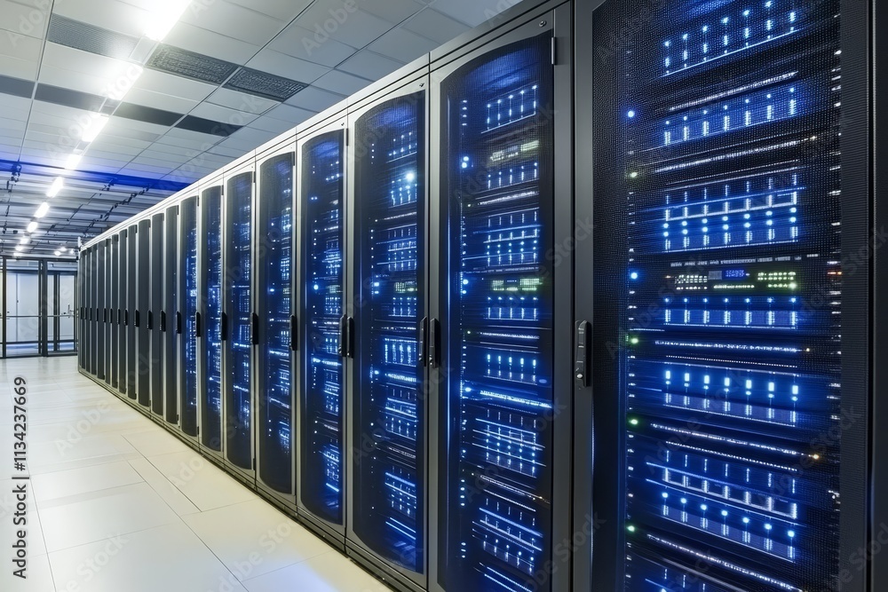 Poster server room with rows of data centers illuminated by blue led lights, showcasing modern technology a