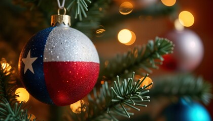 Close-up Texas flag Christmas ornament on tree. Festive holiday decor. Christmas tree. Festive atmosphere. Decorated Xmas tree. Holiday spirit. Festive time. Ornament hanging. Christmas. Texas flag