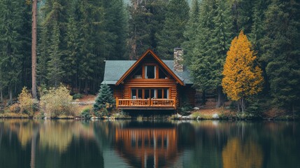 Rustic log cabin nestled on a serene lake shore, surrounded by towering evergreen trees, reflecting tranquility and autumnal colors.
