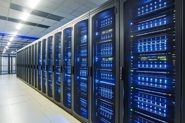 Server Room with Rows of Data Centers Illuminated by Blue LED Lights, Showcasing Modern Technology and Infrastructure for Data Storage Solutions
