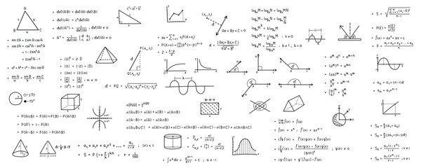 Mathematical symbols. Geometric icons and formulas of important science technology theories. Vector illustration for background.