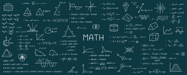 Mathematical symbols. Geometric icons and formulas of important mathematical theories. Vector illustration for background.