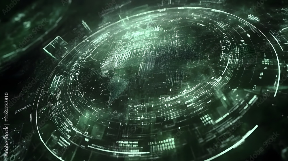 Aufkleber futuristic green digital globe with swirling data streams and circuit board design.