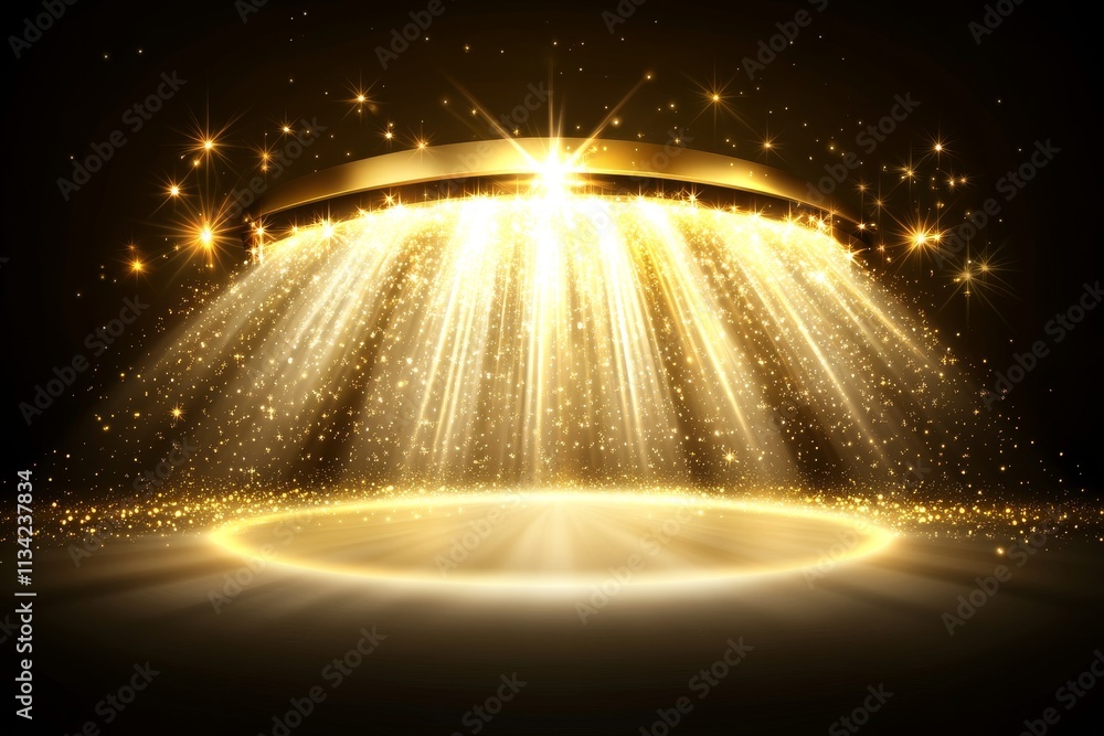 Poster shimmering light rays emanating from a central circular source creating a magical atmosphere with sp
