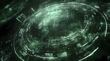 Futuristic green digital globe with swirling data streams and circuit board design.