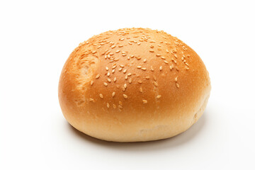 High-quality close-up of a freshly baked bread roll topped with white sesame seeds, displayed on a clean white background in a simple and visually appealing presentation