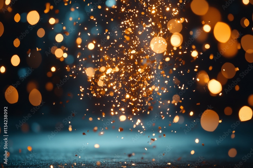 Poster sparkling particles create a mesmerizing light display in a dark setting during a night celebration