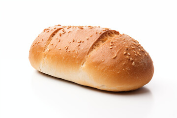 High-quality close-up of a freshly baked bread roll topped with white sesame seeds, displayed on a clean white background in a simple and visually appealing presentation