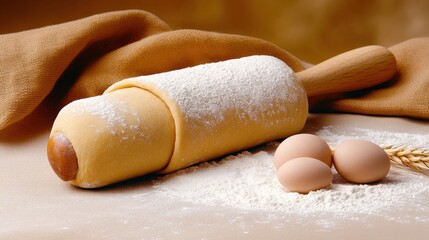 Baking fresh pastry dough with rolling pin kitchen food photography cozy environment close-up view culinary art