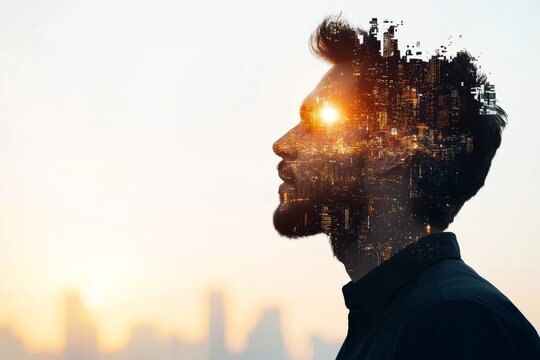 Man's silhouette merges with city skyline at sunset, symbolizing dreams and ambitions in urban life