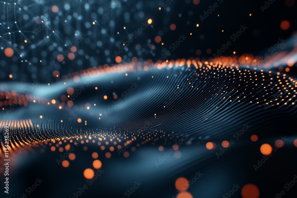 Poster dynamic abstract landscape with glowing particles and smooth waves in dark tones