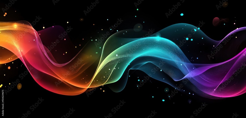 Poster abstract flowing colorful wave with sparkles on dark background.