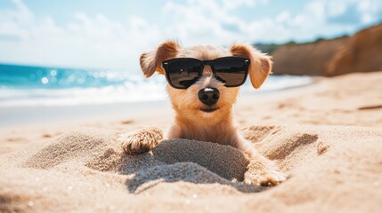 A cute brown and white puppy dog wearing sunglasses enjoys a sunny beach day