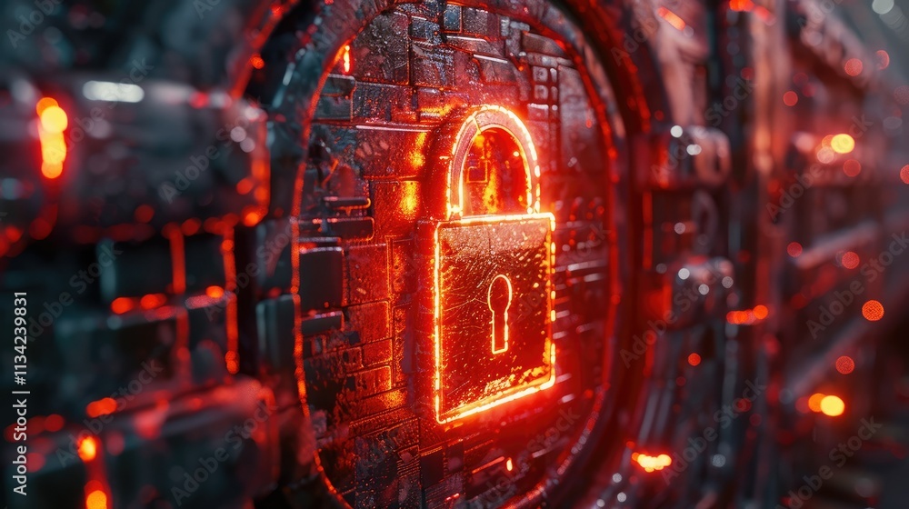 Poster a glowing red lock symbol on a textured surface, representing security and protection.