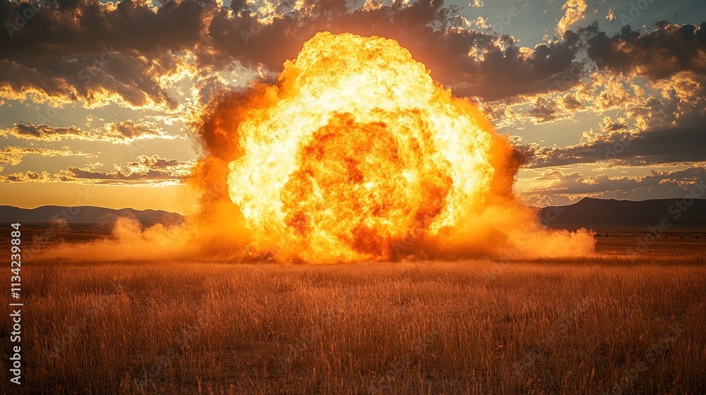 Aufkleber A large explosion creates a fiery display against a sunset backdrop in an open field.