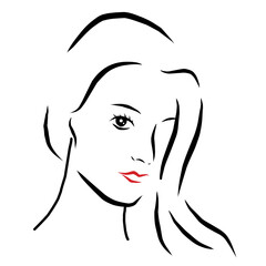 A vector illustration, sketch, one line art of a young beautiful woman or girl. Hand drawing, pretty face on a white background.