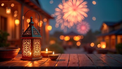 Diwali lanterns shine brightly on wooden table. Fireworks light up evening sky. Traditional Indian festival atmosphere. Warm glow lights up decorative lamps. Festive ambiance with lanterns, fireworks