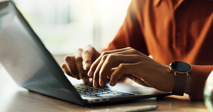 Remote work, typing and laptop with hands of person in home office for research, networking and email. Newsletter, online and copywriting with closeup of freelancer in apartment for writer and blog
