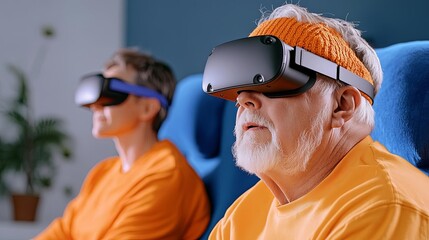 Seniors engaged in virtual reality experience wearing headsets indoors.