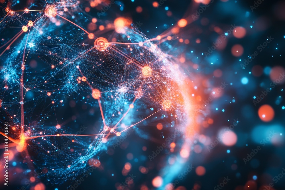 Poster stunning abstract visualization of digital connections with colorful nodes and glowing particles rep